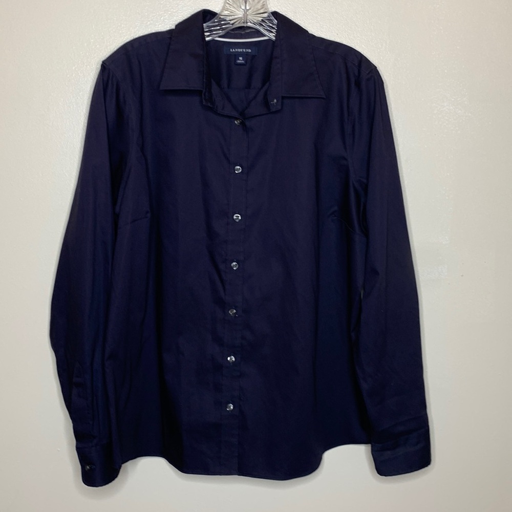 LANDS’ END Button Down Shirt Navy NON IRON PINPOINT OXFORD Cotton Preppy Career